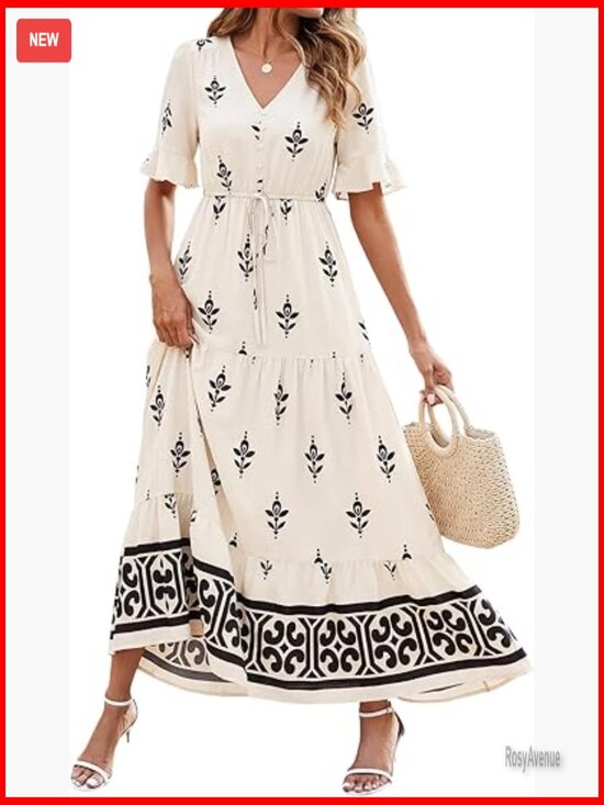 Dresses & Skirts - Polyester Maxi Dress with Pockets, V-Neck, Tiered Flowy A-Line